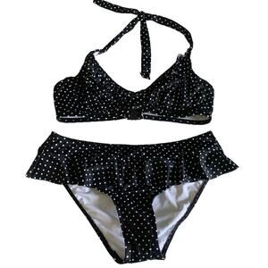 FREYA Bikini Swimsuit 34D Halter w/Underwire & Ruffle Brief w/Ruffle Polka Dot